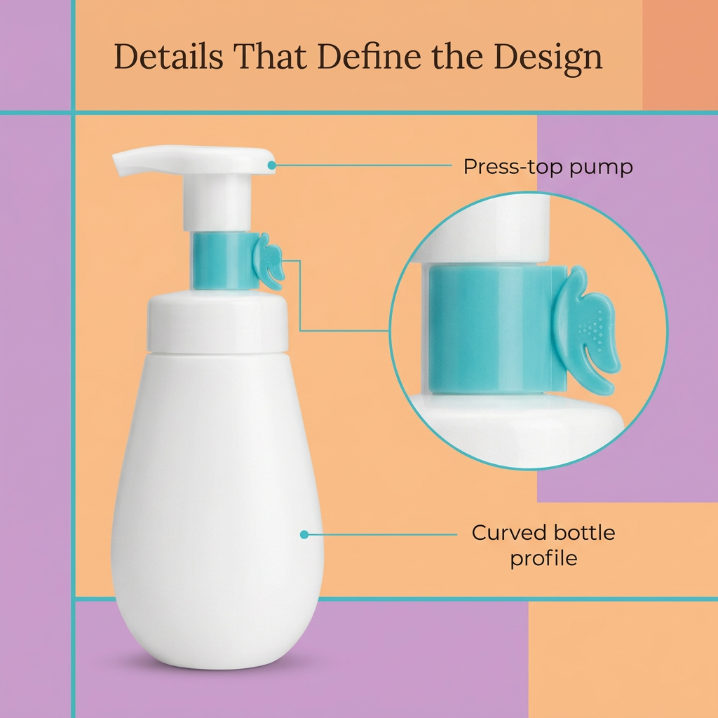 Foaming cleanser pump and curved bottle design details