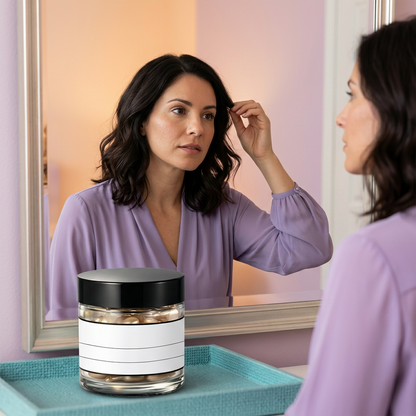 Capsule serum jar on a turquoise tray with an adult Western female model at a mirror