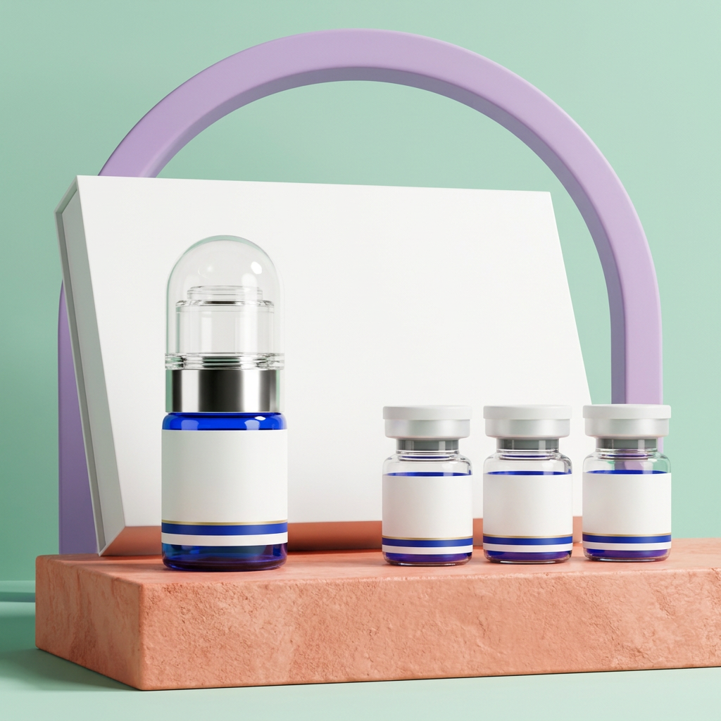 Capped peptide serum presentation with coral mint and lavender styling