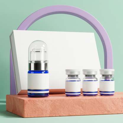 Capped peptide serum presentation with coral mint and lavender styling