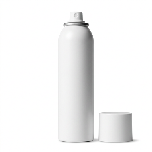 Unbranded white hydrating spray can with exposed nozzle and protective cap on white background