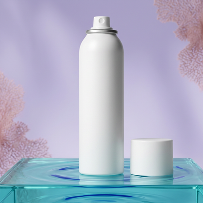 White hydrating mist can and cap on an aqua glass podium