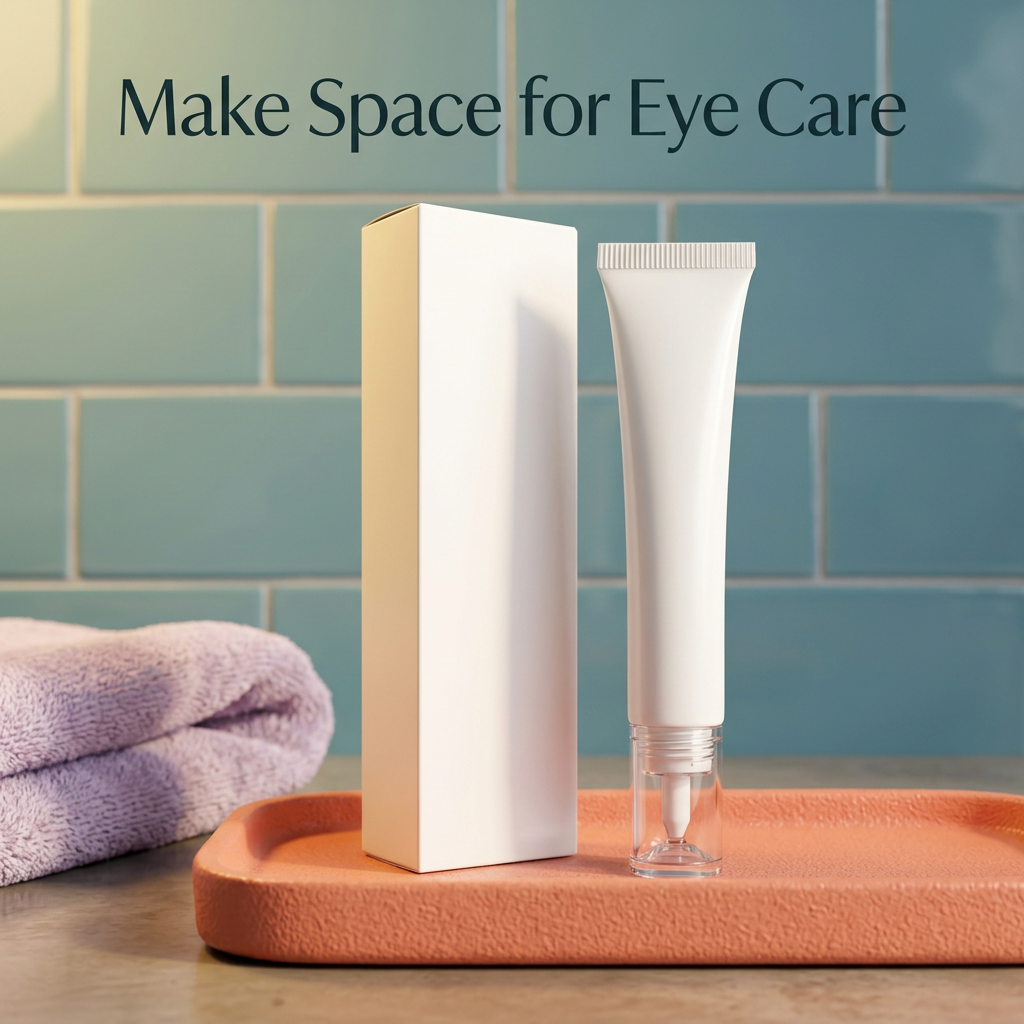 White eye cream tube and carton on a coral tray beside a lavender towel