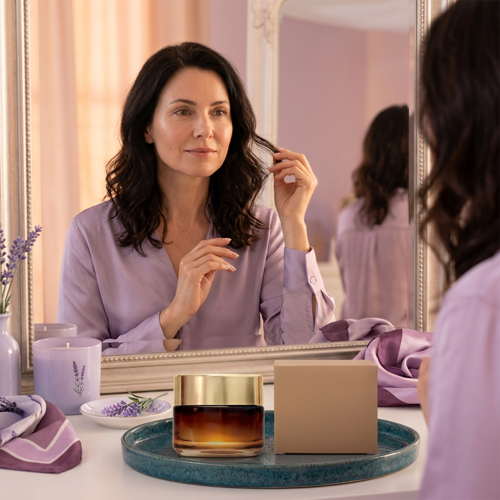 Amber cream jar and carton on a teal tray with an adult Western female model at a mirror