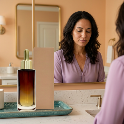 Amber serum bottle and carton with adult Western female model at a mirror