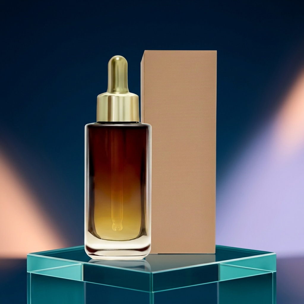 Amber serum bottle and tan carton on a teal glass podium