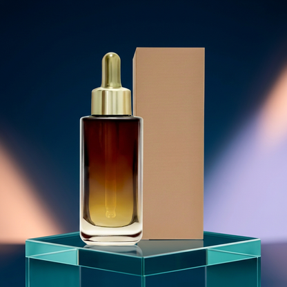 Amber serum bottle and tan carton on a teal glass podium