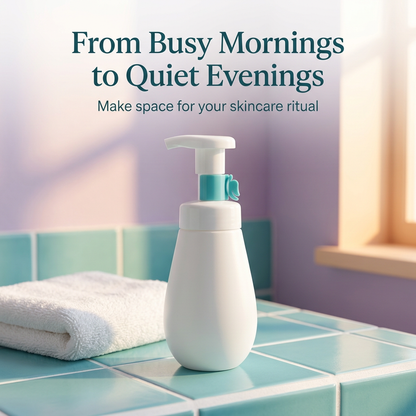 Foaming cleanser in a colorful sunlit bathroom