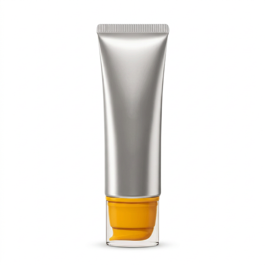 Unbranded silver sunscreen tube with transparent amber-orange bottom cap on pure white background