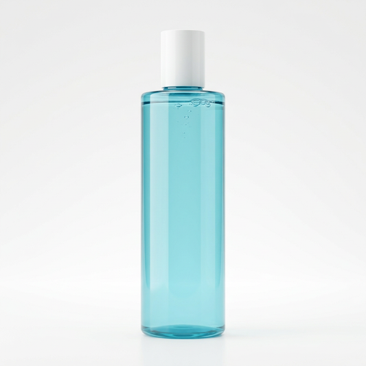 Unbranded aqua blue soothing toner bottle with white cap on a white background