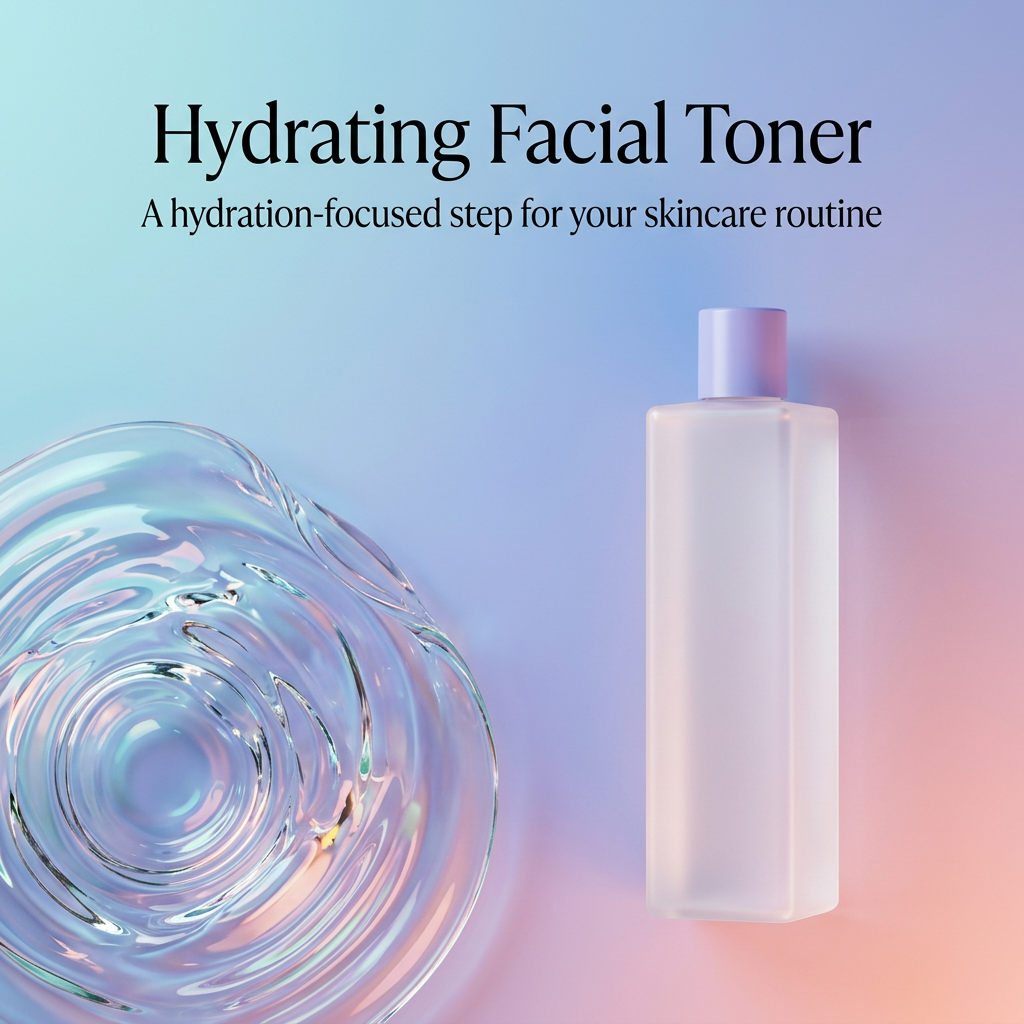 Hydrating facial toner introduction graphic with decorative water sculpture