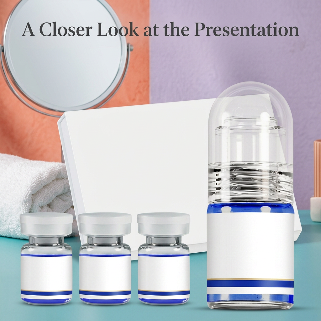 Peptide serum packaging presentation in a colorful bathroom detail graphic