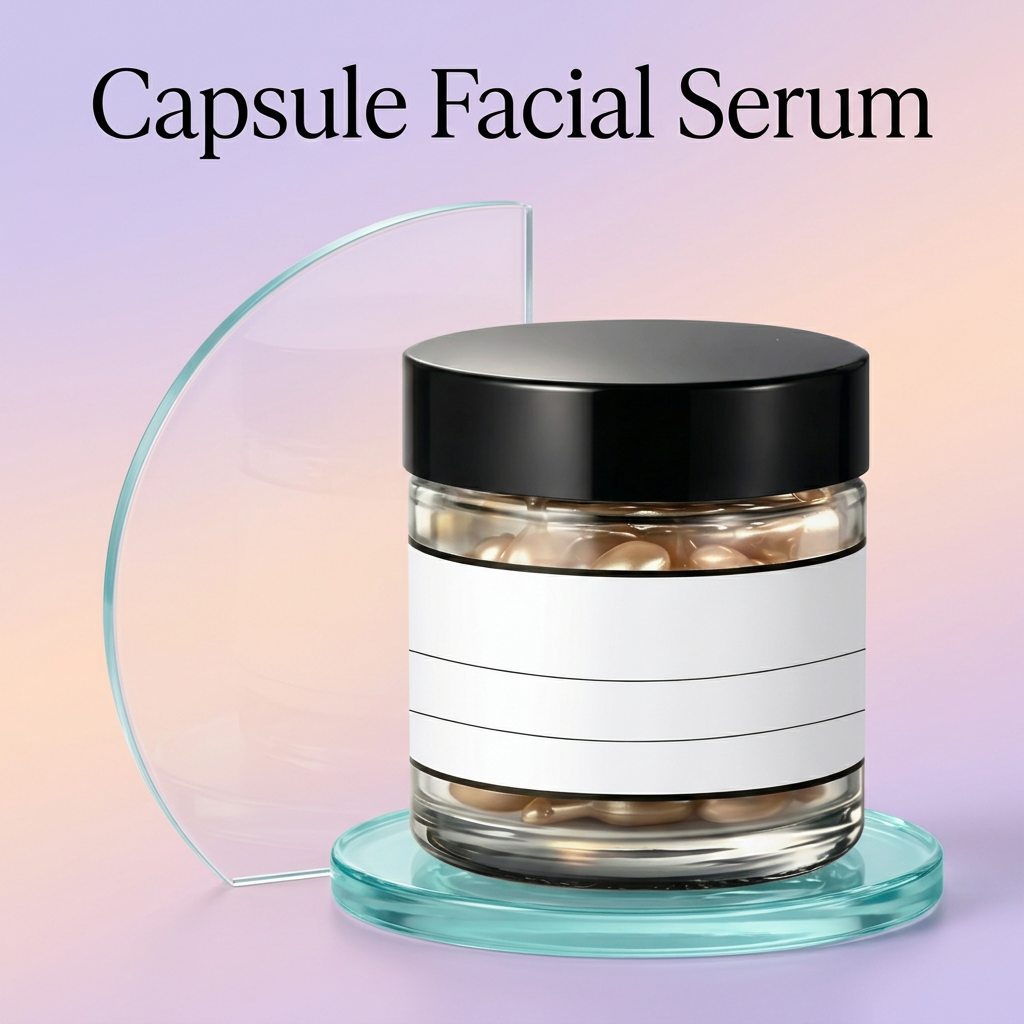 Capsule Facial Serum introduction graphic with golden capsules in a clear jar