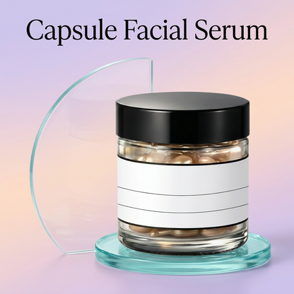 Capsule Facial Serum introduction graphic with golden capsules in a clear jar