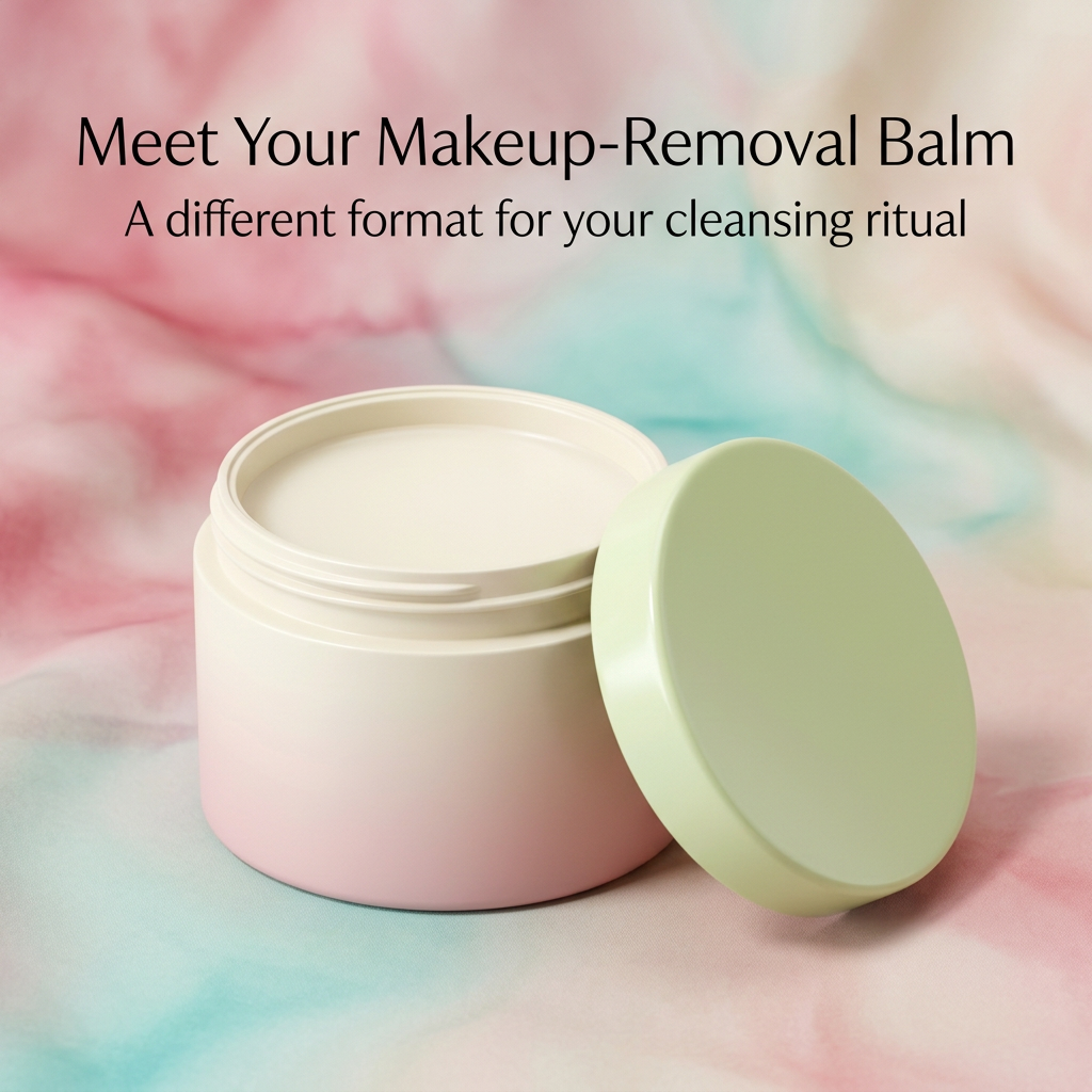 Open cleansing balm jar with pale green lid beside it and English product introduction
