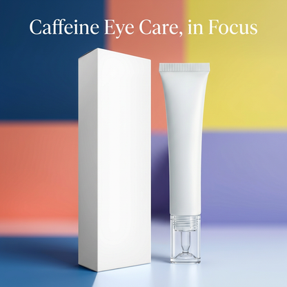 Caffeine Eye Care in Focus introduction graphic with blank white tube and carton