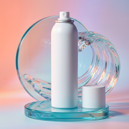 Unbranded hydrating mist can with decorative glass wave and pastel lighting