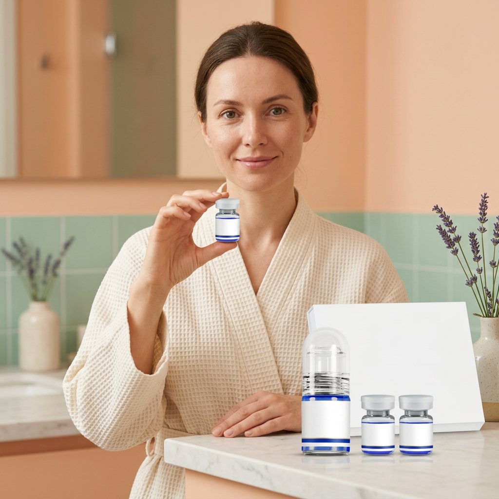 Adult Western female model holding a closed serum vial with remaining capped components on the counter