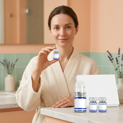 Adult Western female model holding a closed serum vial with remaining capped components on the counter
