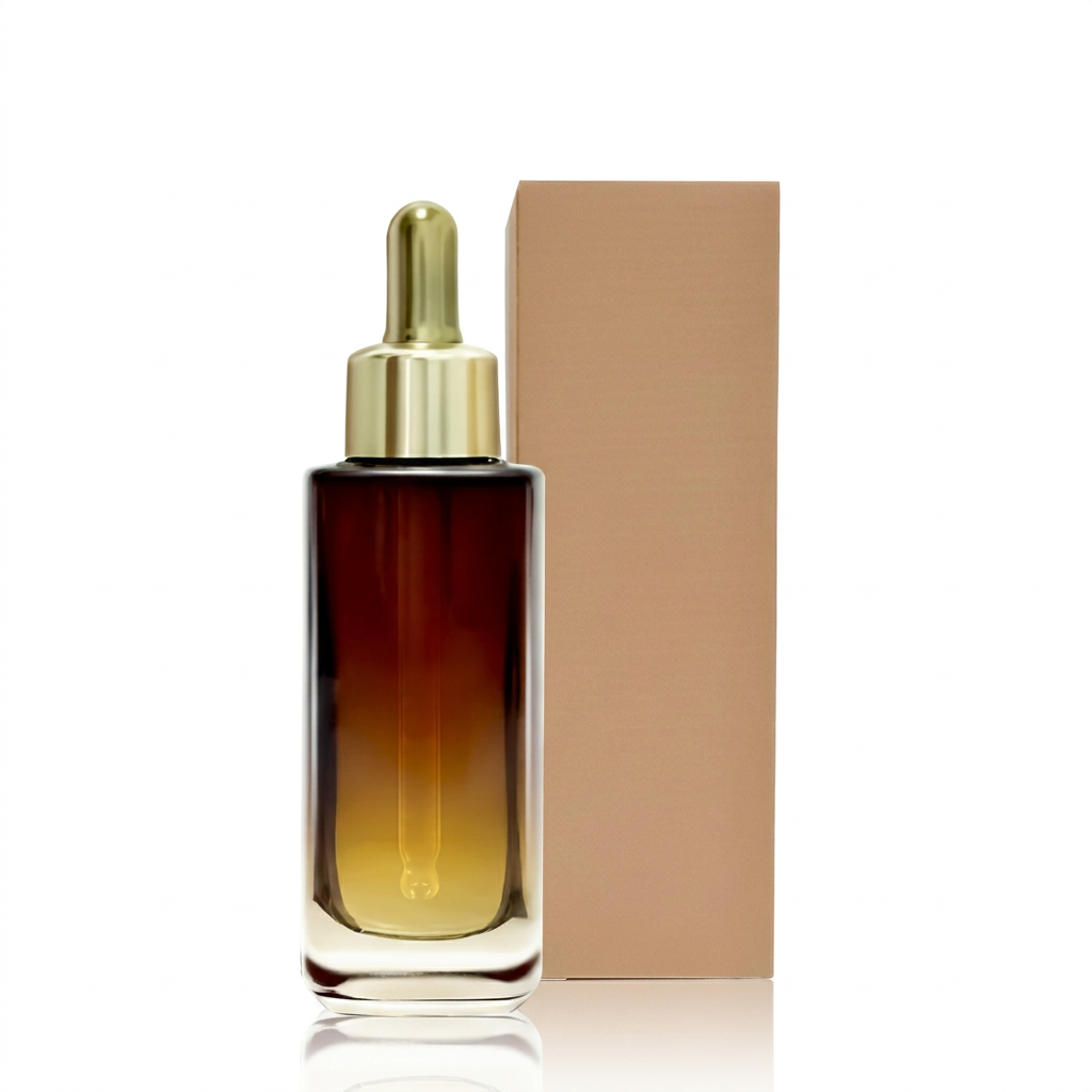Unbranded amber gradient serum bottle with gold dropper and tan carton on a white background