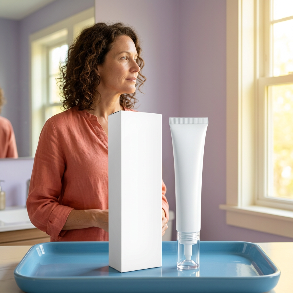 White eye cream tube and carton on blue tray with an adult Western female model near a sunny window