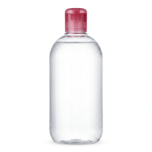 Unbranded clear makeup remover water bottle with raspberry pink cap on a pure white background