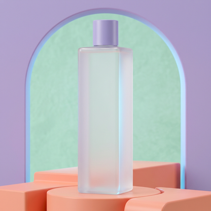 Hydrating toner bottle on a peach podium with mint and lilac styling