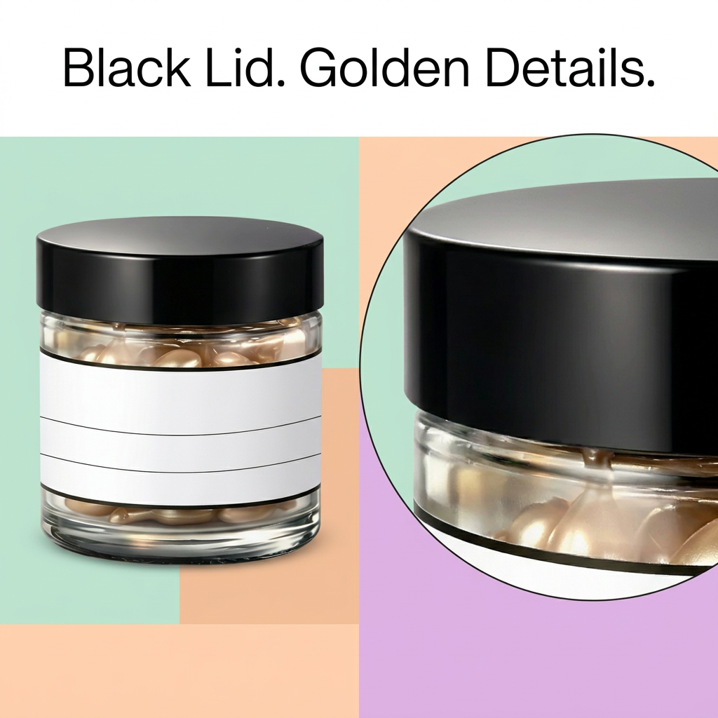 Capsule serum packaging detail with close-up of black lid and glass edge