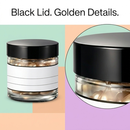 Capsule serum packaging detail with close-up of black lid and glass edge