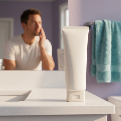 Unbranded cleanser tube on a vanity with an adult male model in the background