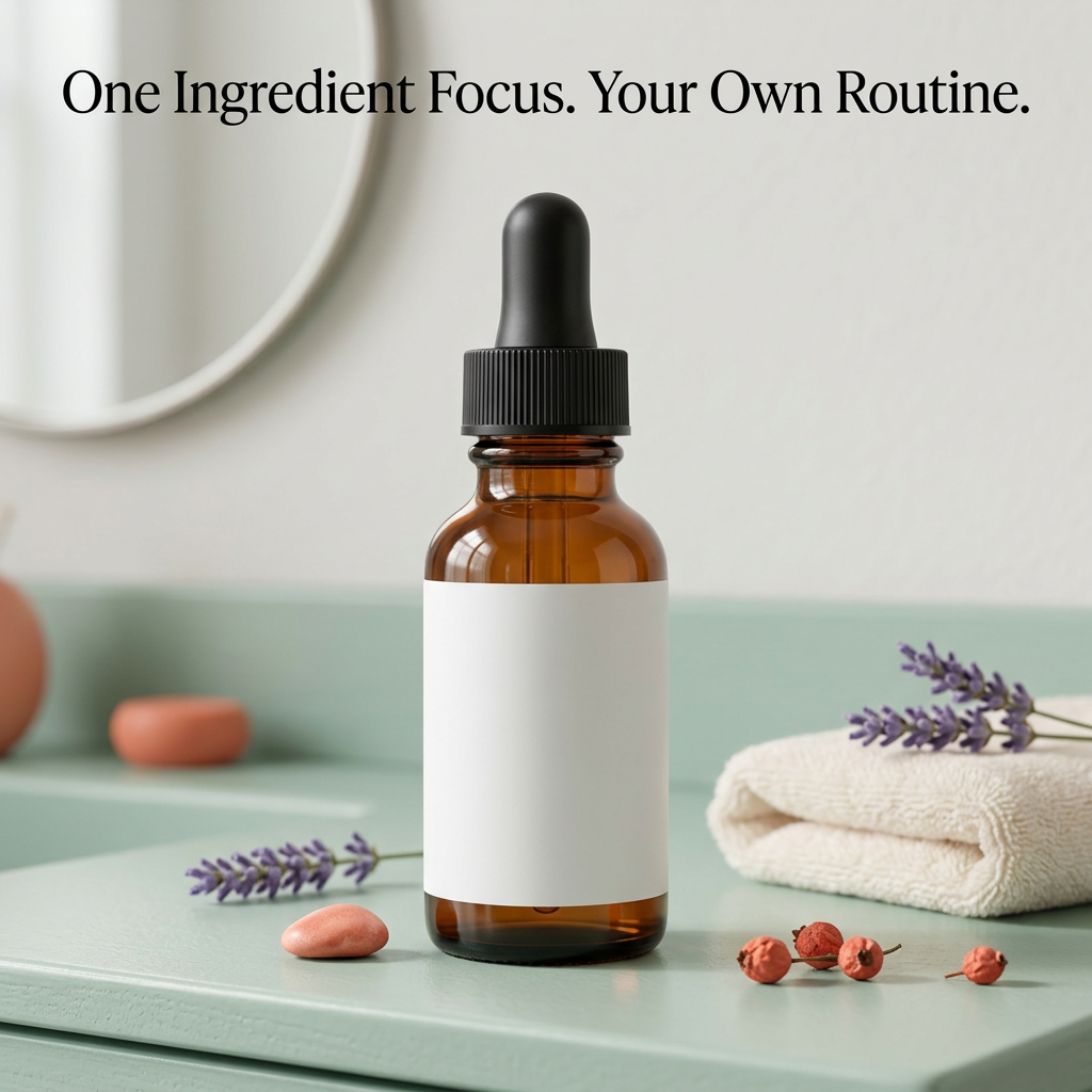 Ingredient-focused serum routine graphic in a pastel bathroom