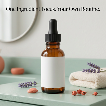 Ingredient-focused serum routine graphic in a pastel bathroom