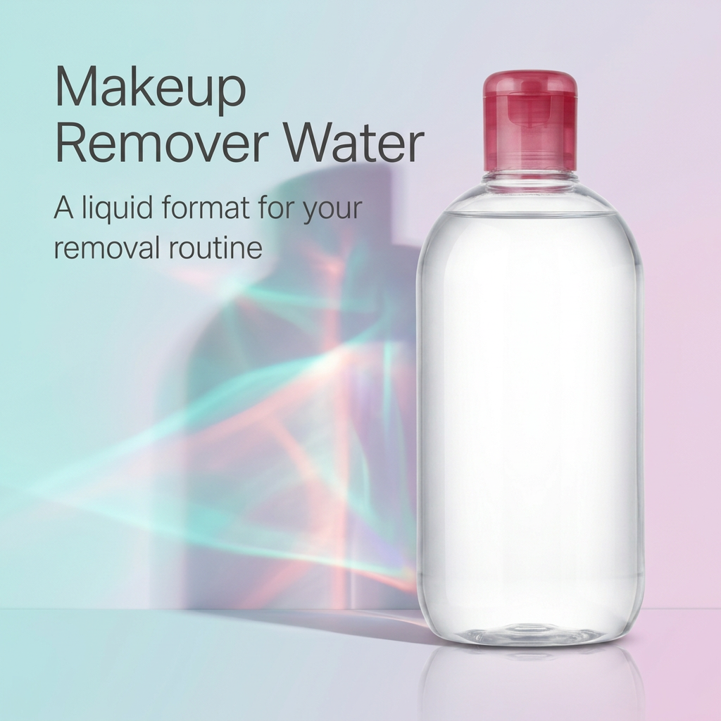 English makeup remover water introduction graphic with pastel light refractions