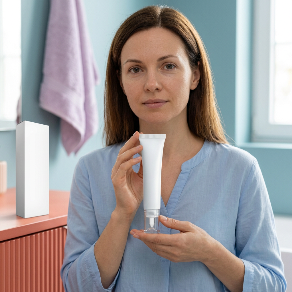 Adult Western female model holding a closed white eye cream tube in a blue and coral bathroom