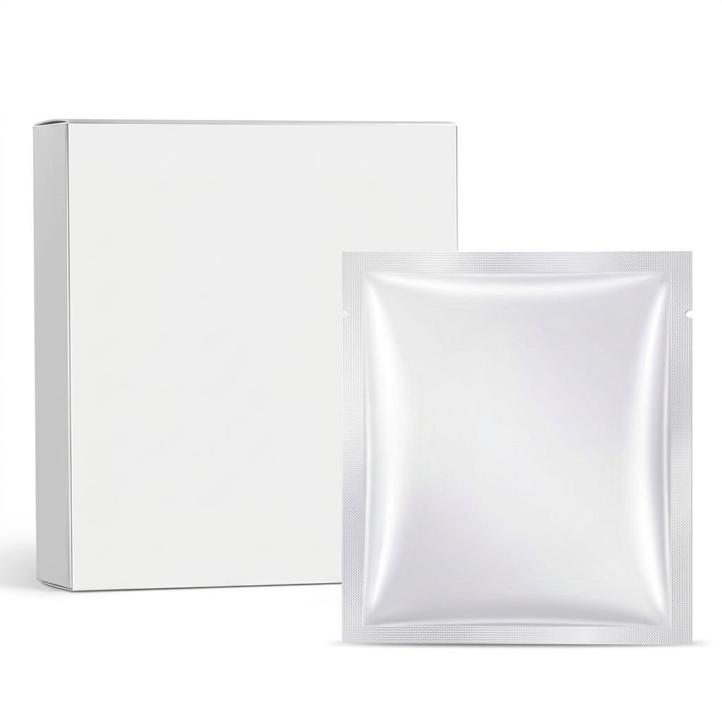 Unbranded white hydrating facial mask carton and pearlescent sealed sachet on pure white background