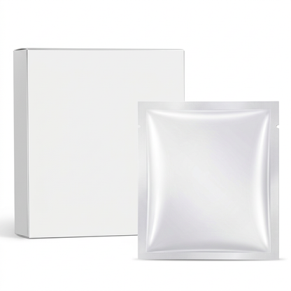 Unbranded white hydrating facial mask carton and pearlescent sealed sachet on pure white background