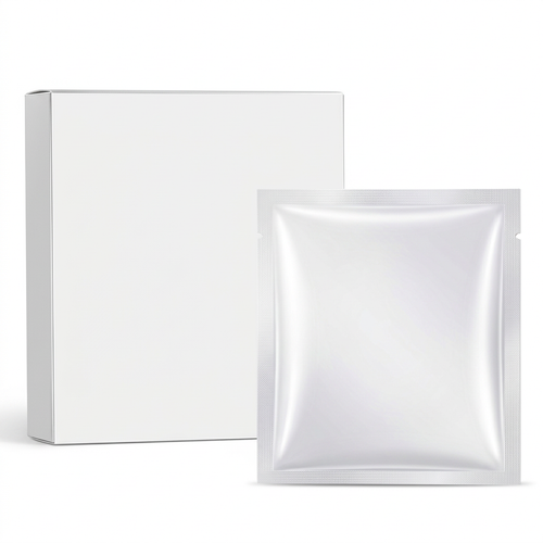 Unbranded white hydrating facial mask carton and pearlescent sealed sachet on pure white background