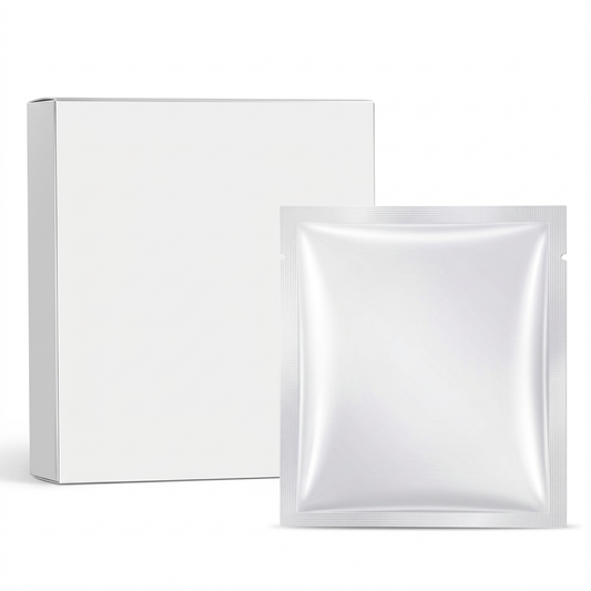 Unbranded white hydrating facial mask carton and pearlescent sealed sachet on pure white background