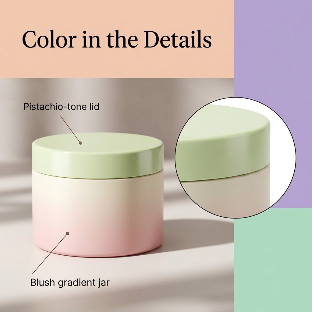 Packaging detail graphic showing pale green lid and blush gradient jar