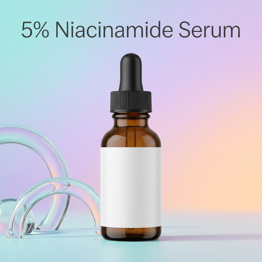 5% Niacinamide Serum detail graphic with blank-label amber bottle