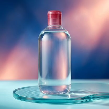 Clear makeup remover water bottle with blue pink and aqua studio lighting