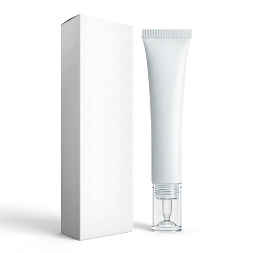Unbranded white caffeine eye cream tube with transparent lower cap and white carton on pure white background