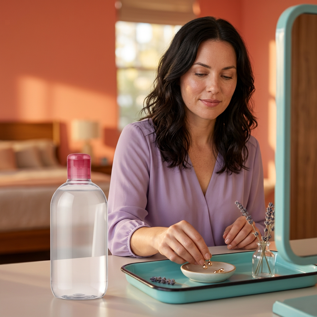 Clear makeup remover water bottle beside an adult Western female model at a vanity