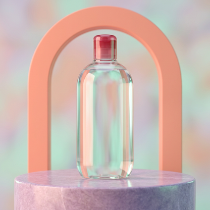Makeup remover water bottle on a lavender podium with coral arch