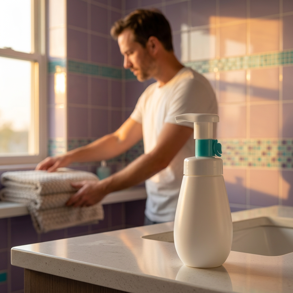 White and aqua cleanser bottle on a vanity with an adult male model in the background