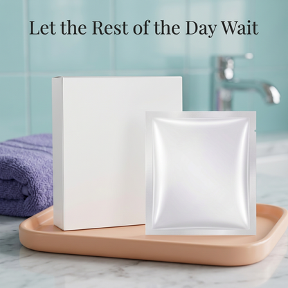 White mask carton and sachet on a peach bathroom tray beside a violet towel