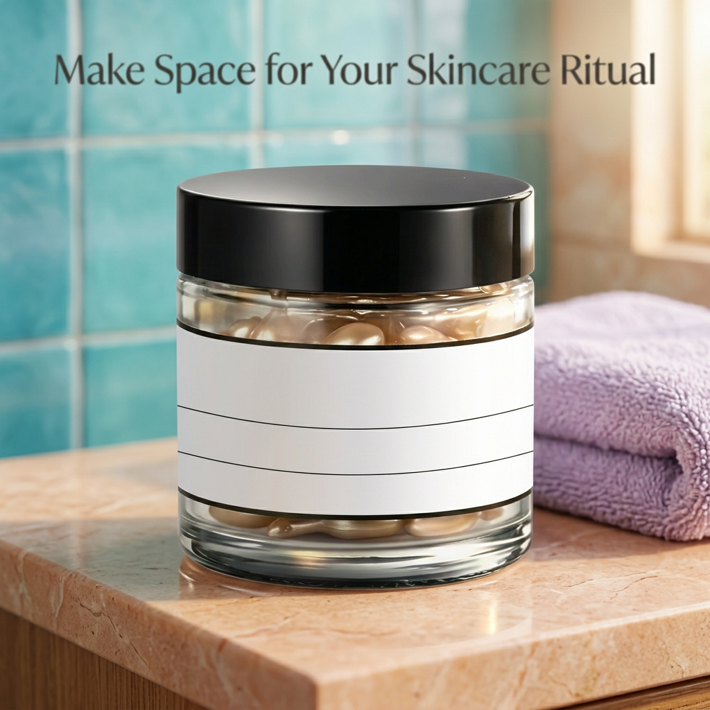 Golden capsule serum jar on a warm bathroom vanity