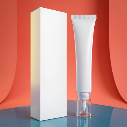 White eye cream tube and carton on a blue glass platform with coral backdrop
