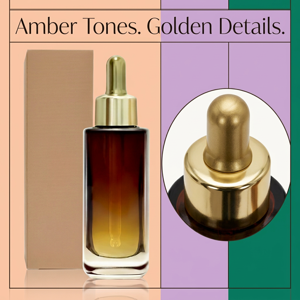 Serum bottle packaging and golden dropper close-up