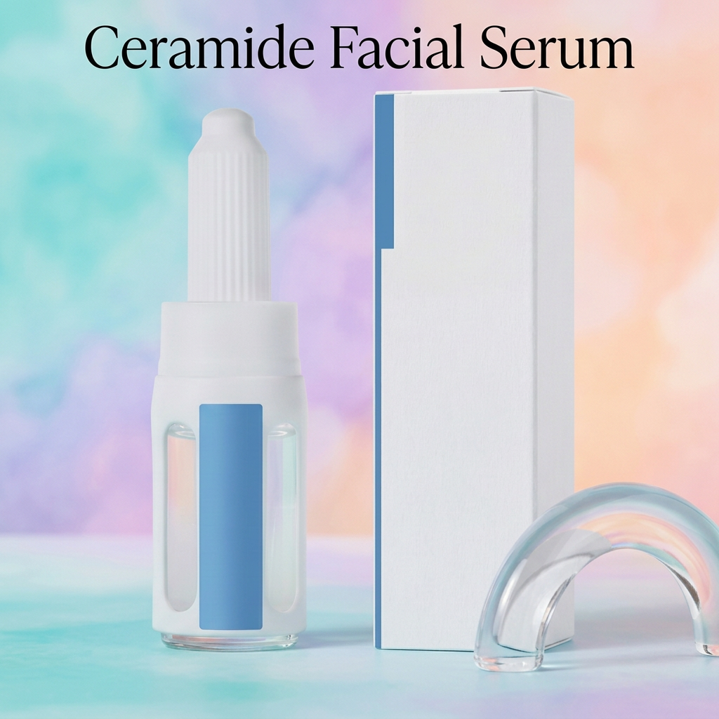 Ceramide Facial Serum introduction graphic with white-and-blue packaging